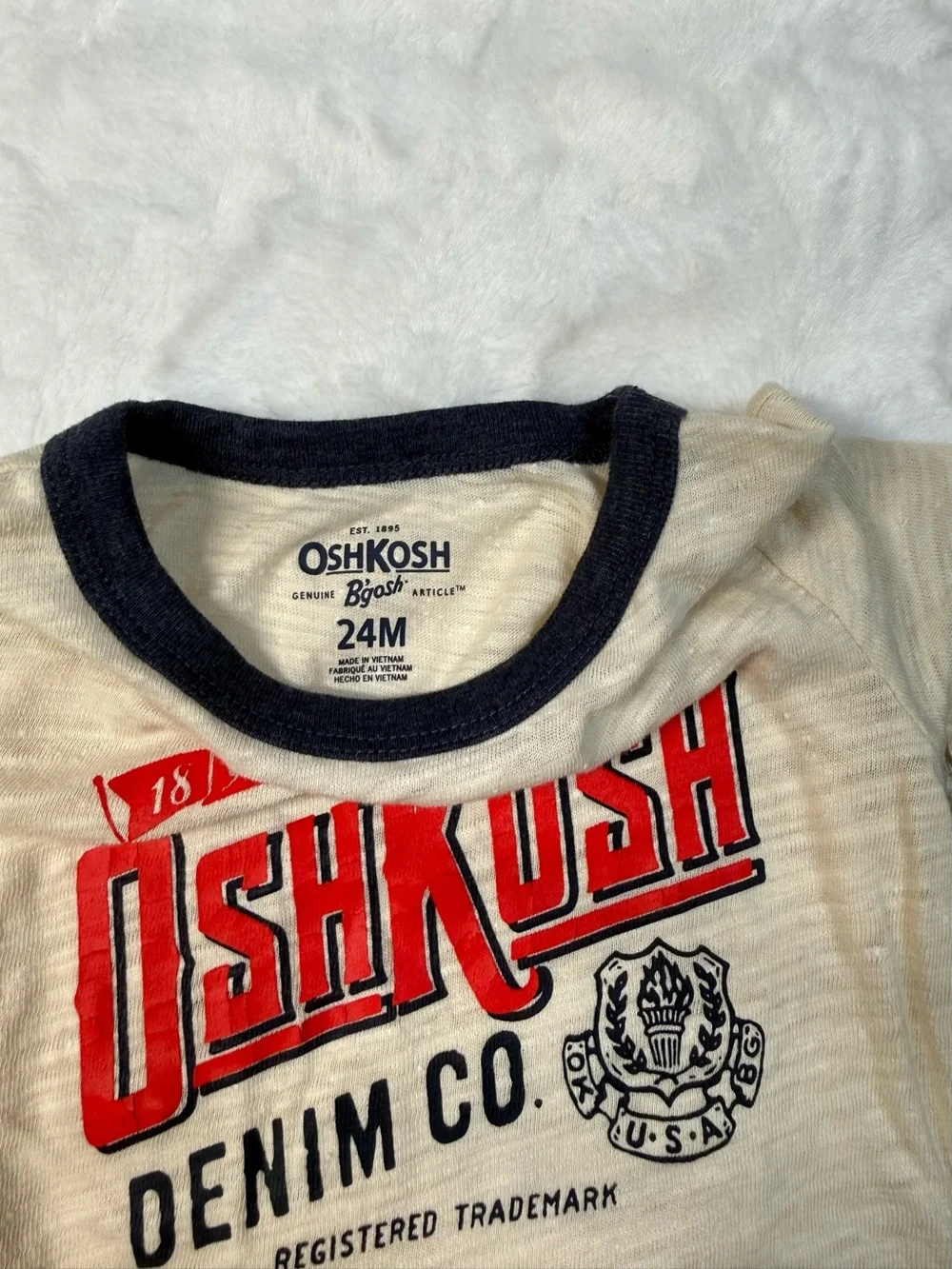 OshKosh B'gosh Cream One-Piece Bodysuit with Navy Trim and Red Logo 24M